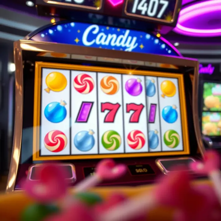 Slot machine displaying bonus round with candy symbols and sparkling effects