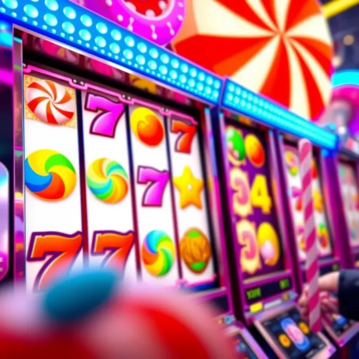 Vibrant candy-themed slot game with colorful sweets and spinning reels