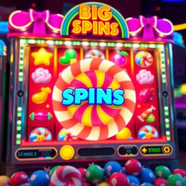 Colorful candy-themed slot game interface showing a Big Candy Spin feature with vibrant symbols and reels