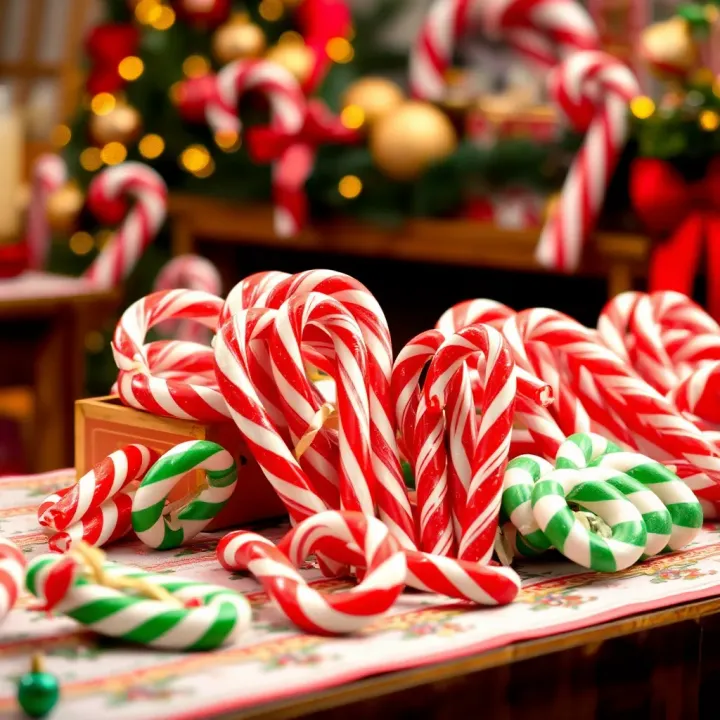Assorted big candy canes in various colors arranged on a holiday-themed table