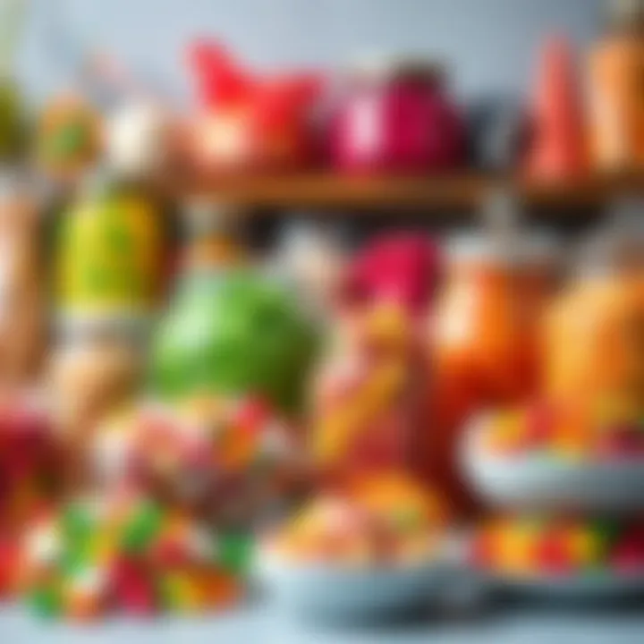Assortment of colorful candies displayed in jars and bowls representing a variety of confectionery products