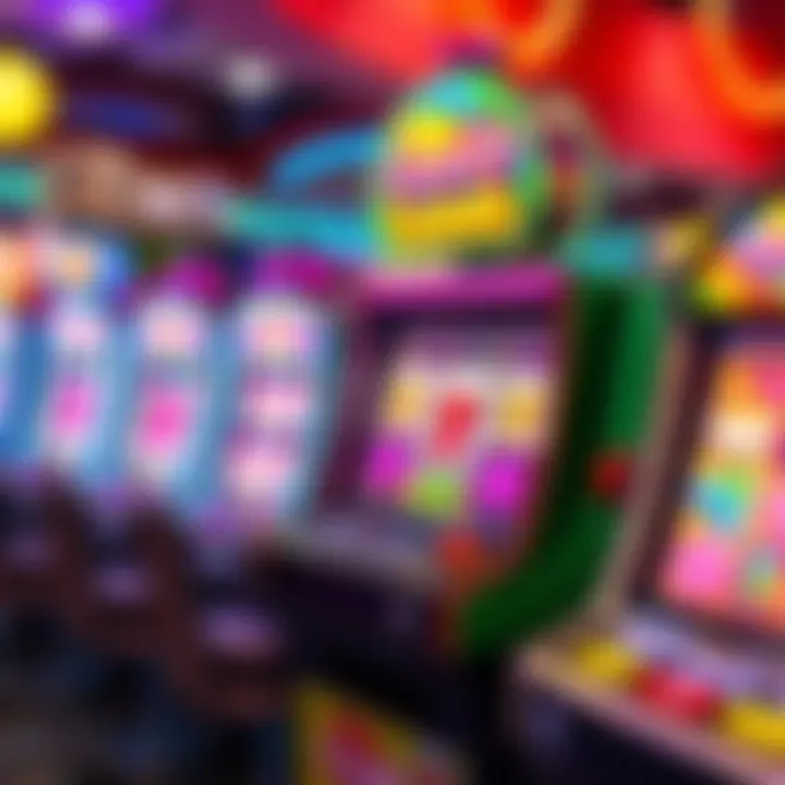Colorful casino slot machine with candy-themed symbols and bright lights