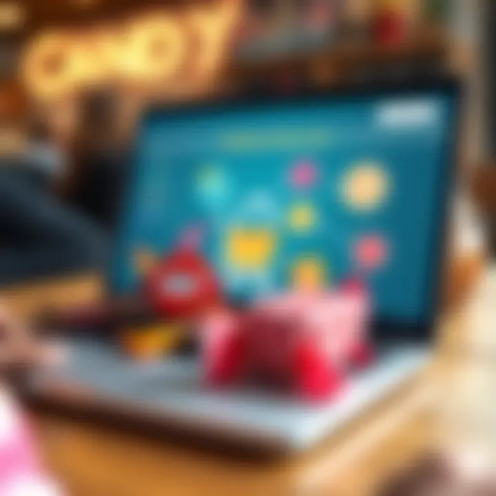Conceptual illustration showing online shopping with a laptop featuring candy items and secure payment symbols