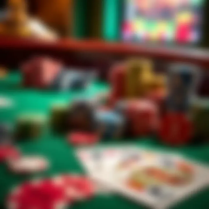 Colorful assortment of casino chips and playing cards arranged on a green felt table