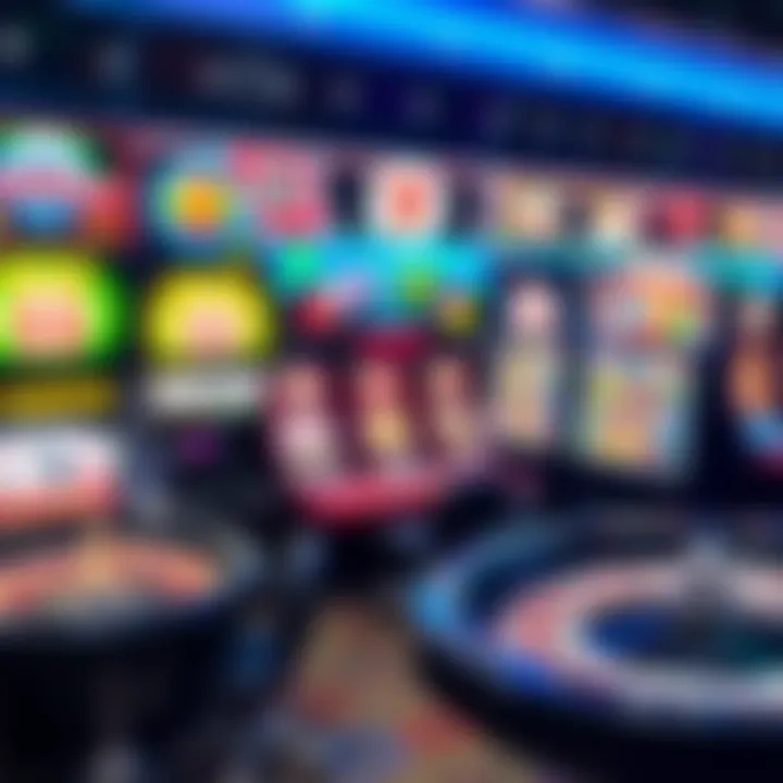 Colorful virtual casino game selection including poker, roulette, and slots with bonus offers highlighted