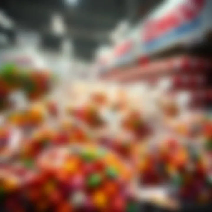 Assortment of large bulk candy bags from Costco showing various colorful sweets