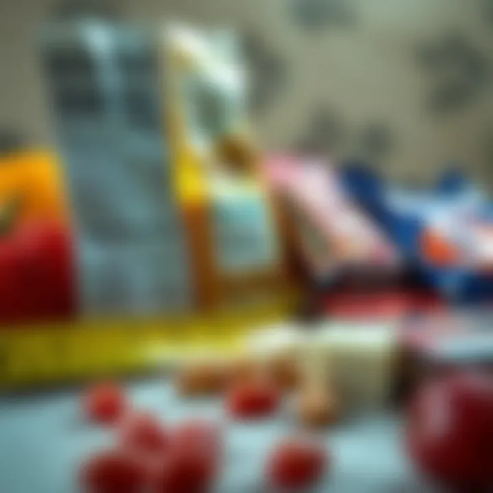 Nutritional information and portion sizes of big candy bars shown alongside fresh fruits and a measuring tape