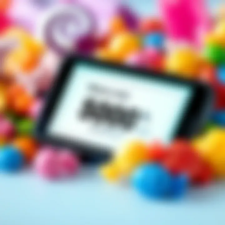 Colorful assortment of candy with a discount coupon and a smartphone showing a bonus code on the screen