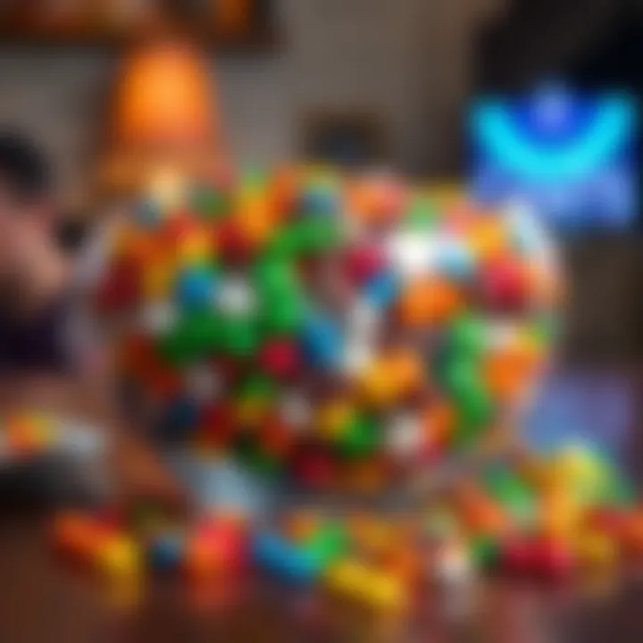 A large clear glass candy bowl filled with colorful assorted candies on a wooden table