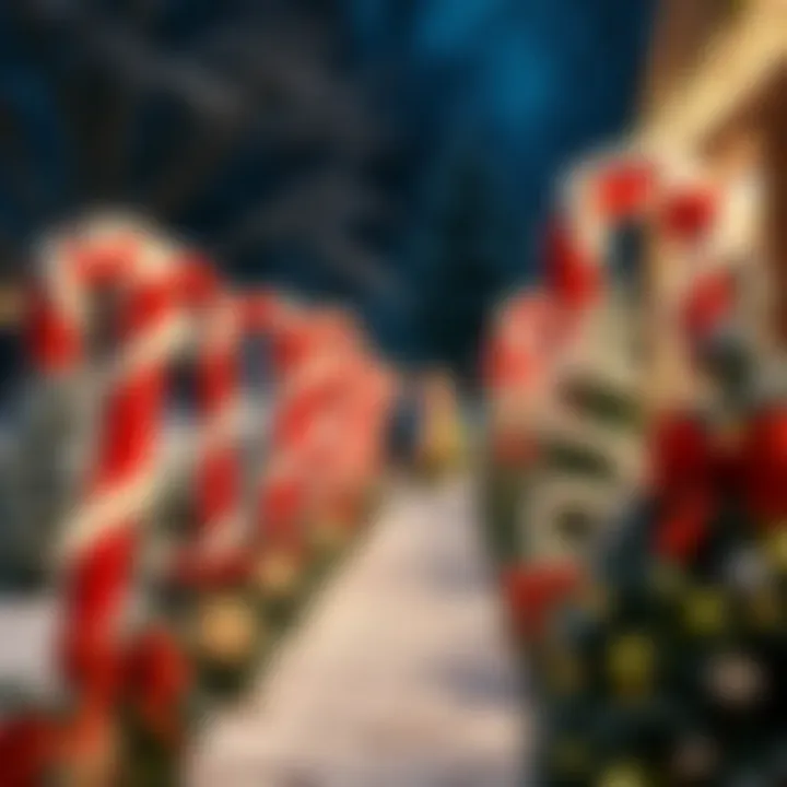 Large festive candy cane decorations arranged along a snowy garden path with twinkling lights