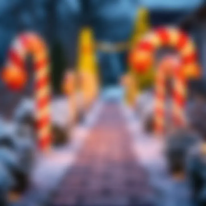 Large festive candy cane decorations arranged along a snowy garden pathway with bright holiday lights