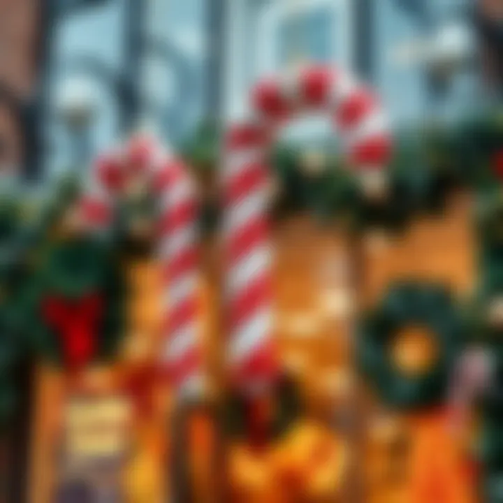 Oversized candy cane ornaments hanging from a decorated storefront with holiday wreaths and garlands