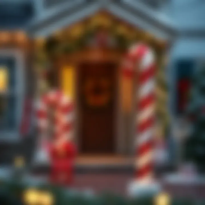 Large red and white striped candy cane decoration placed at the entrance of a cozy home with festive lights