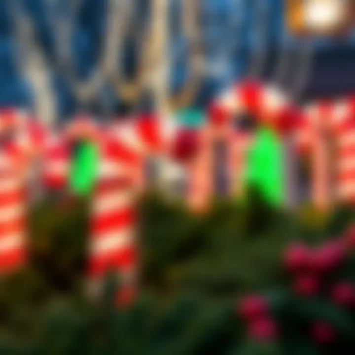 Large candy cane lights glowing brightly outdoors surrounded by festive greenery