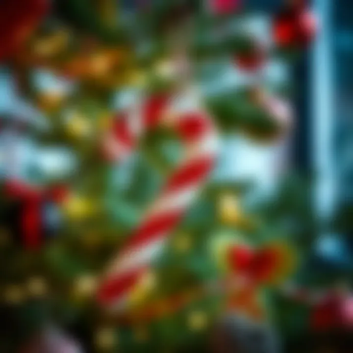 Large red and white striped candy cane ornament hanging on a decorated Christmas tree with twinkling lights and green branches