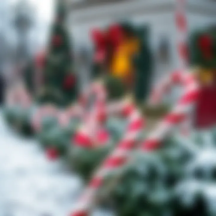 Outdoor Christmas display featuring oversized candy cane ornaments nestled among pine greenery with snow-dusted ground