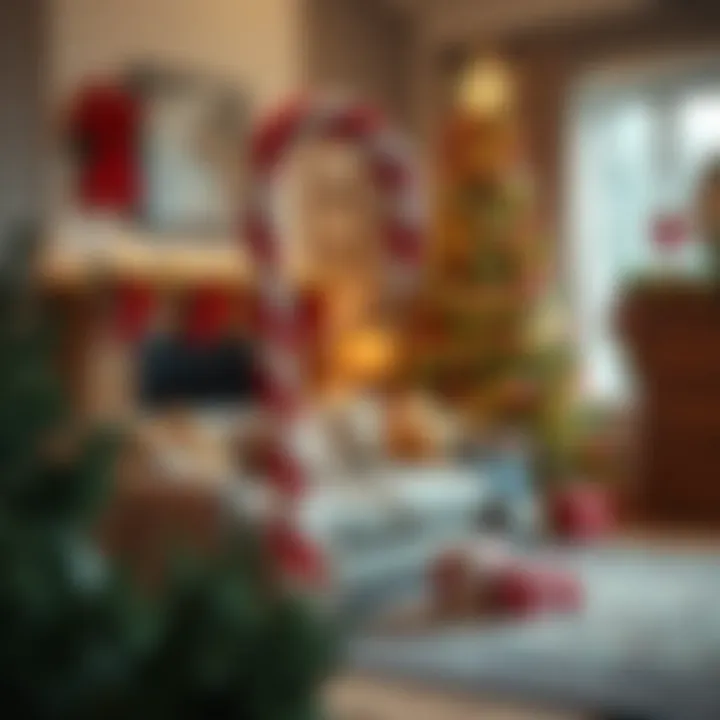 Large red and white striped candy cane prop standing next to a decorated Christmas tree in a festive living room