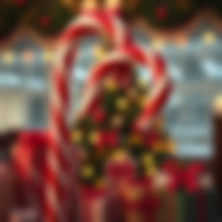 Giant twisted red and white candy cane stick against festive background