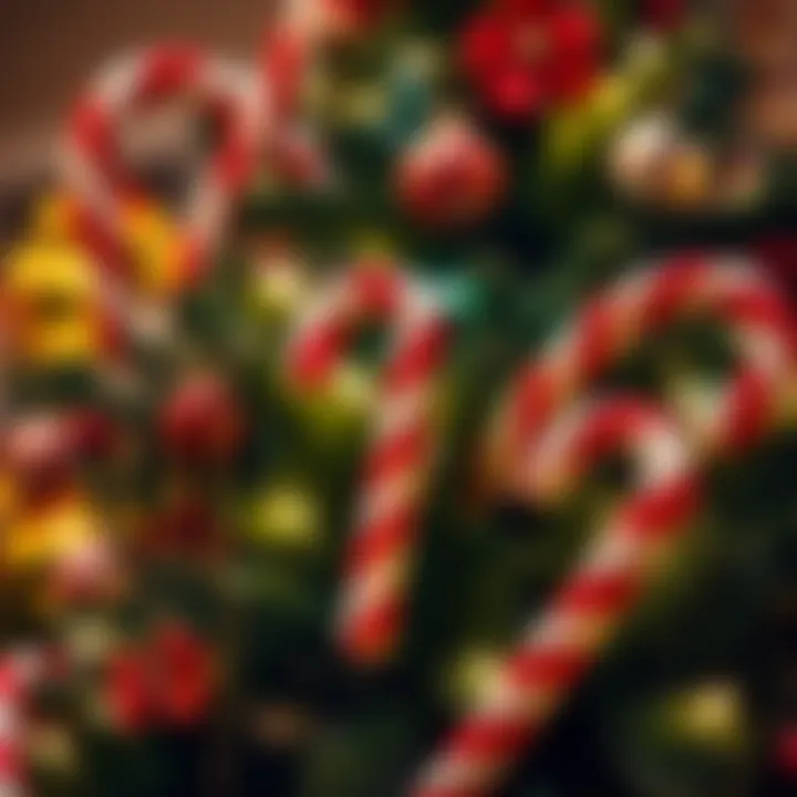 Christmas Tree Adorned with Oversized Candy Canes and Lights Christmas tree decorated with large red and white candy canes and twinkling fairy lights