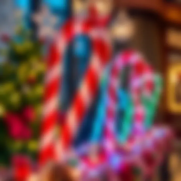 Brightly colored oversized candy canes arranged as a festive decoration with holiday lights