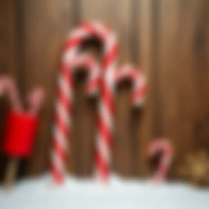 Large festive candy canes with red and white stripes leaning against a rustic wooden background