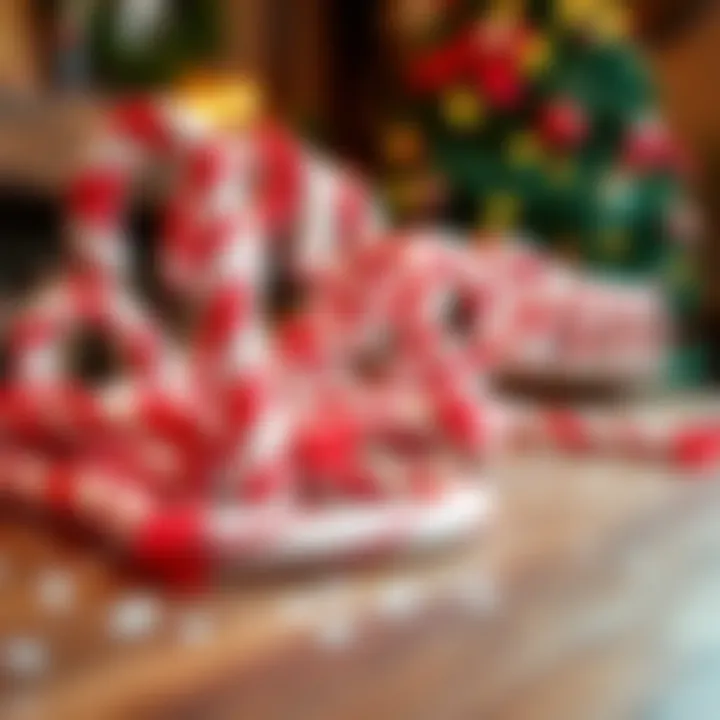 Large festive candy canes wrapped with a red and white striped pattern placed on a wooden table