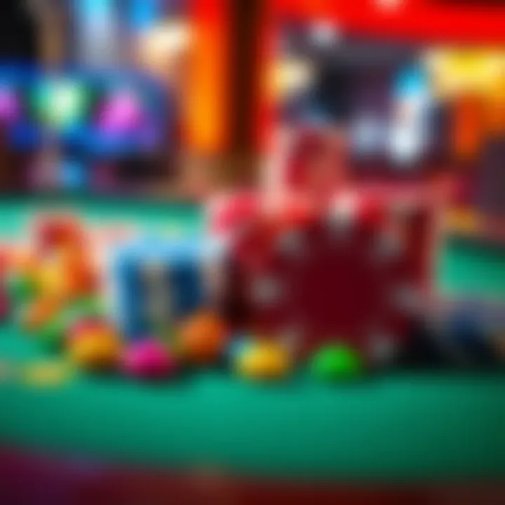 Casino Chips and Candies Representing No Deposit Bonus at Big Candy Casino Bright casino chips and colorful candies on a gaming table symbolizing no deposit bonus