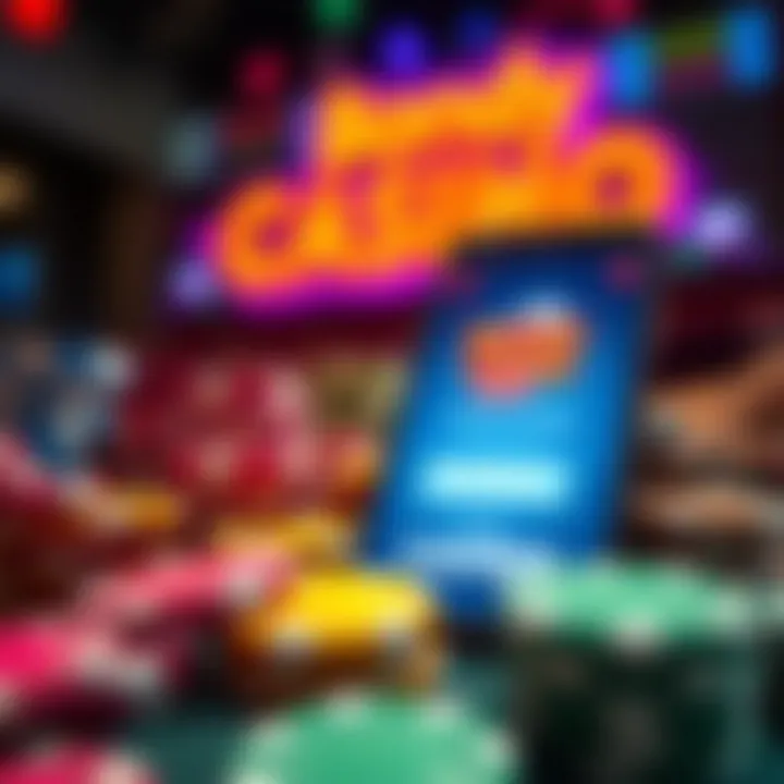 Colorful casino chips and a mobile phone showing Big Candy Casino bonus code entry screen