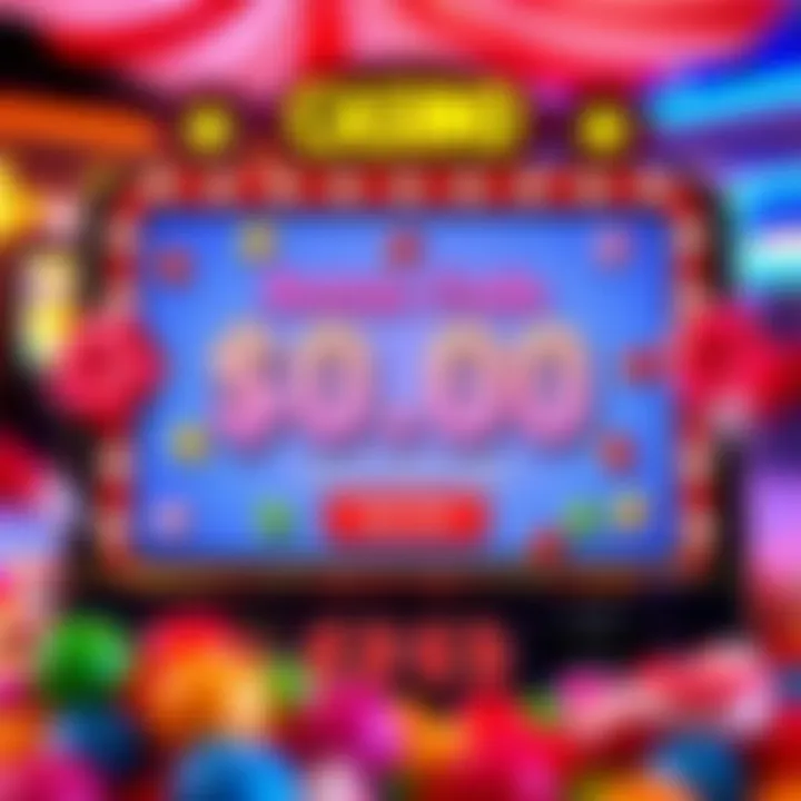Colorful candy-themed casino game interface showcasing bonus code entry