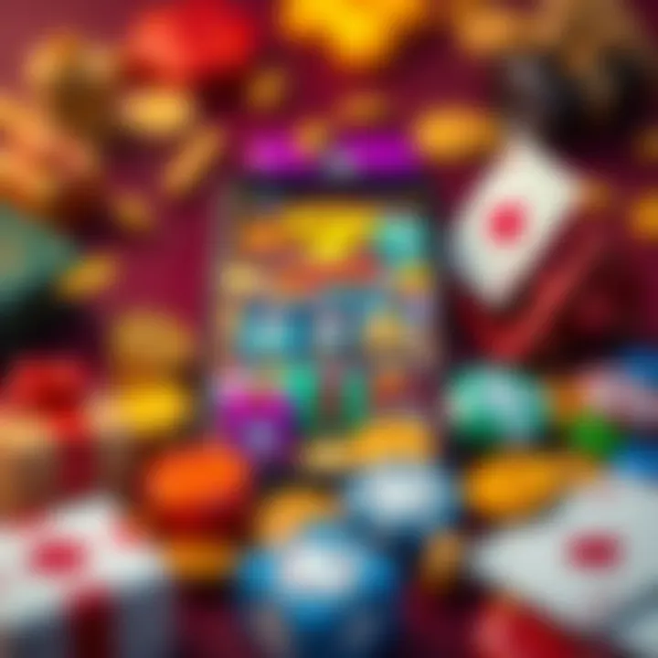 Illustration of various casino bonus symbols like coins, gift boxes, and cards surrounding a smartphone screen showing a casino app
