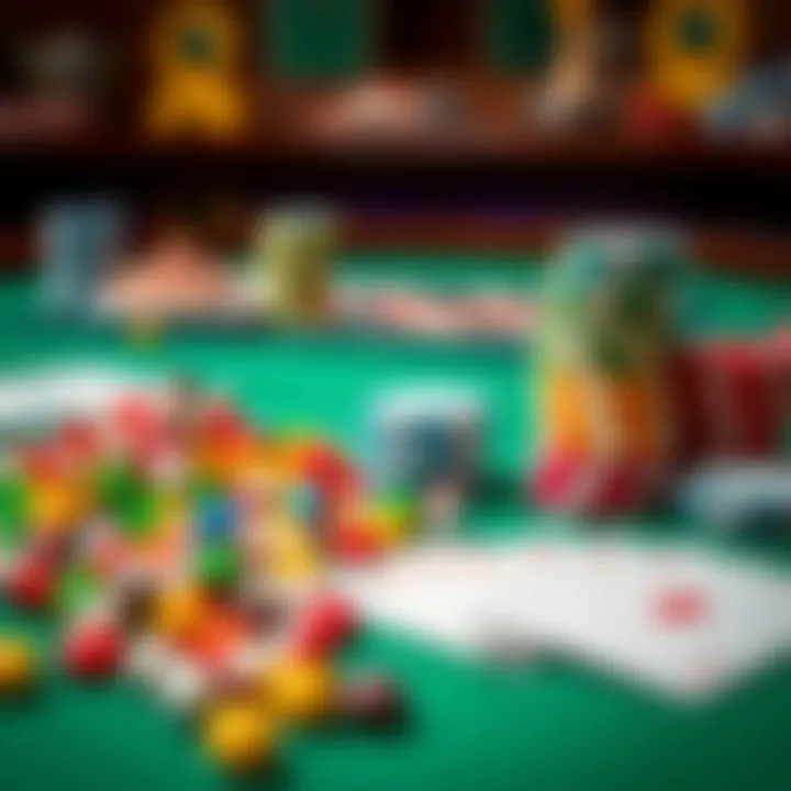 Colorful candy pieces arranged next to casino chips and playing cards on a vibrant table