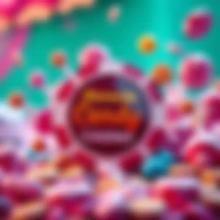 Illustration of a casino chip surrounded by candy-themed elements symbolizing rewards
