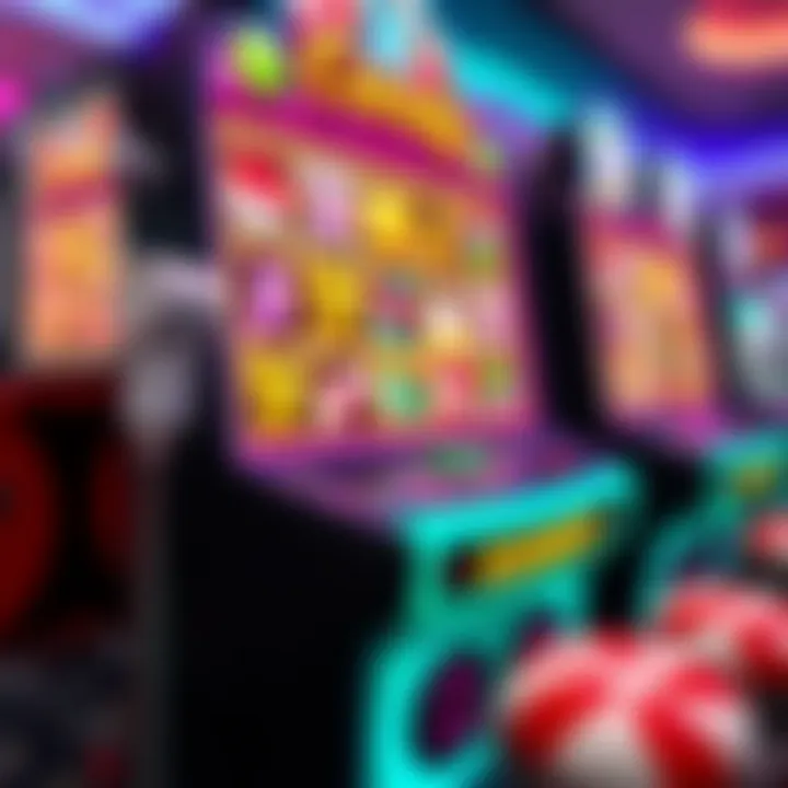 Colorful digital slot machine interface with candy-themed symbols and vibrant graphics