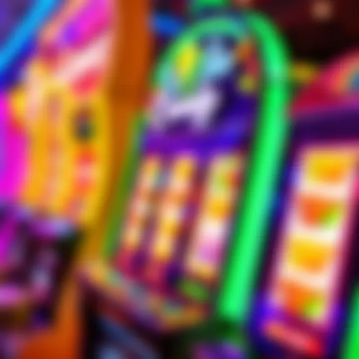Bright casino slot machine with colorful candy symbols and glowing lights