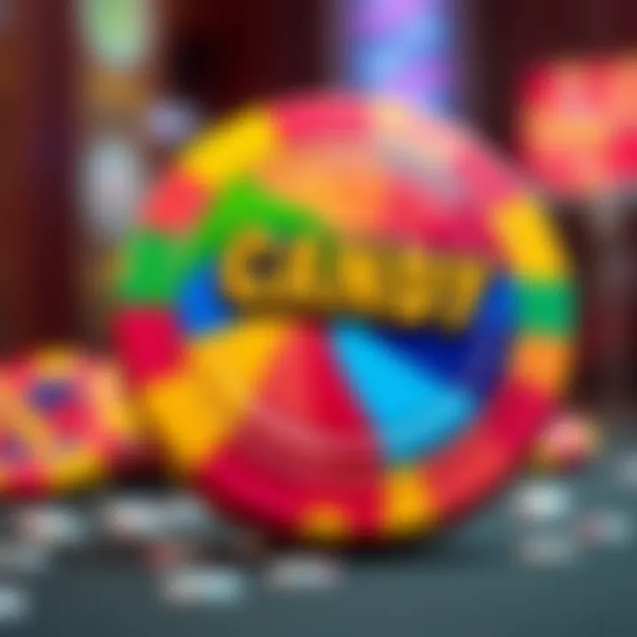 Close-up of an oversized candy shaped like a casino chip with vibrant colors and detailed design