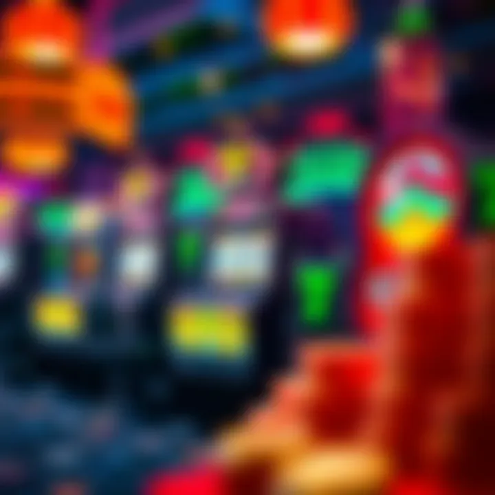 Bright casino-themed illustration with symbols of slot machines and coins representing bonuses