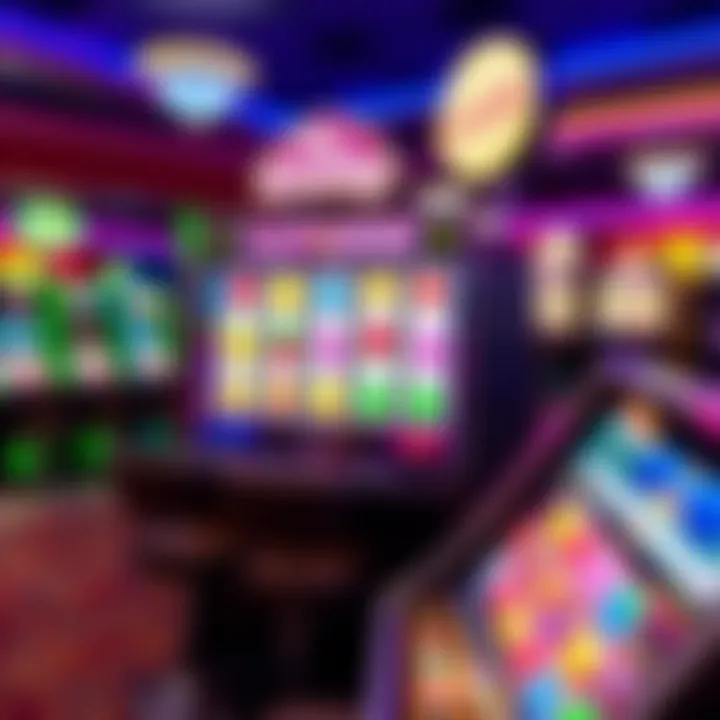 Exciting slot machine displaying candy-themed symbols in a lively casino setting