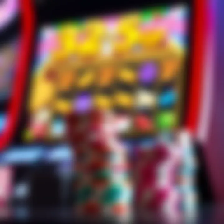 Colorful casino chips stacked next to a digital slot machine screen with candy-themed graphics