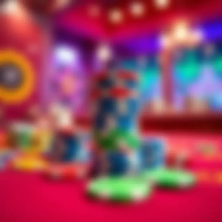 Colorful casino chips stacked on a vibrant gaming table with a candy-themed background