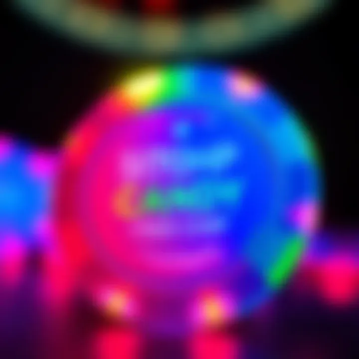 Colorful casino chip glowing with vibrant lights against a dark background