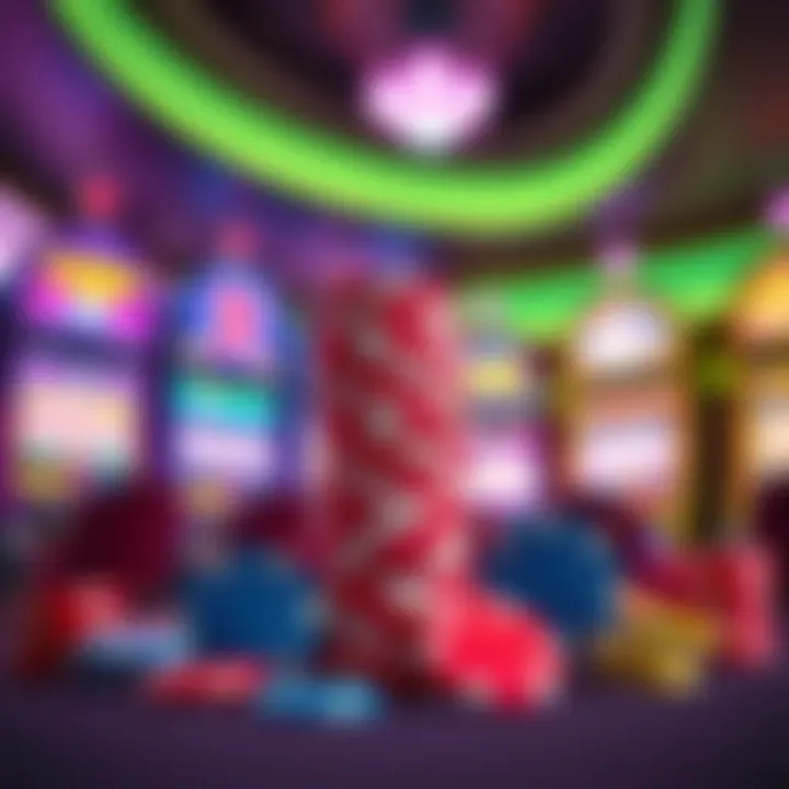 Colorful casino chips stacked on a table with bright slot machines in the background