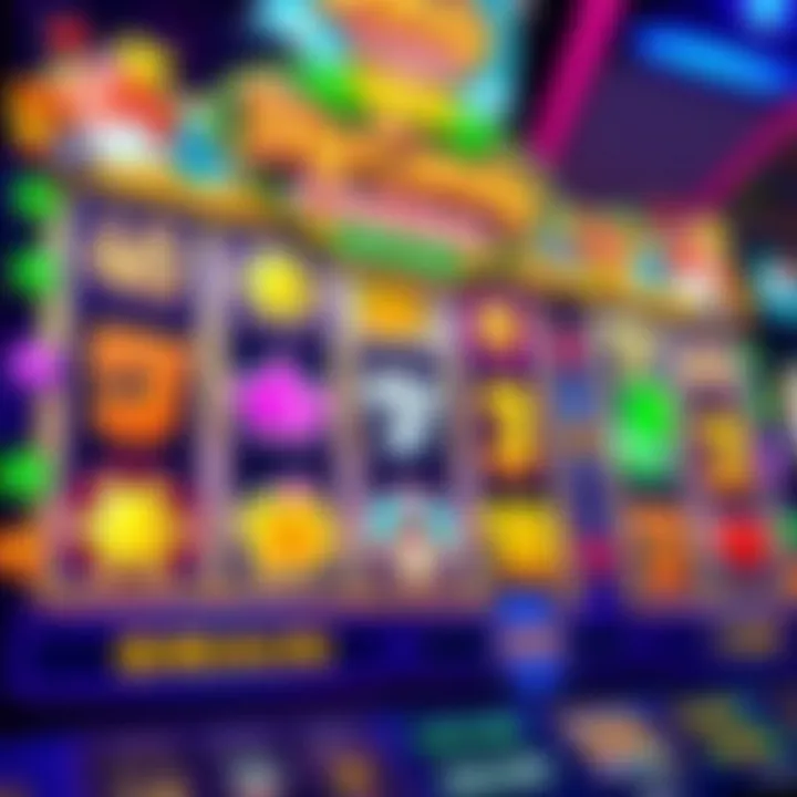 Colorful online casino slot game interface with vibrant symbols and spinning reels