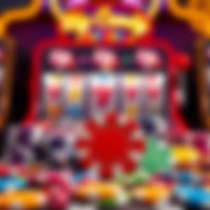 Colorful casino chips and slot machine symbols representing Big Candy Casino bonuses