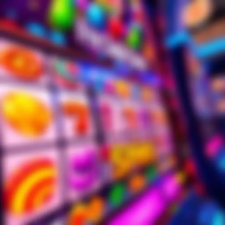 Colorful digital slot machine reels displaying vibrant candy-themed symbols and bright lights
