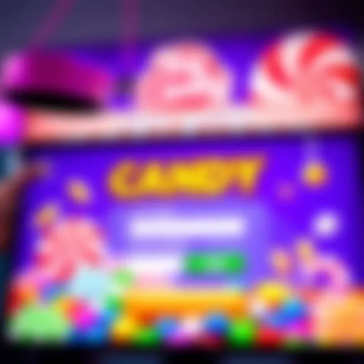 Login screen displaying Big Candy Casino interface with colorful candy-themed graphics and login fields