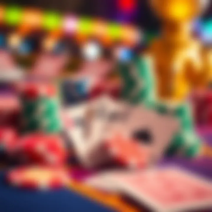 Colorful casino chips and playing cards on a vibrant gaming table