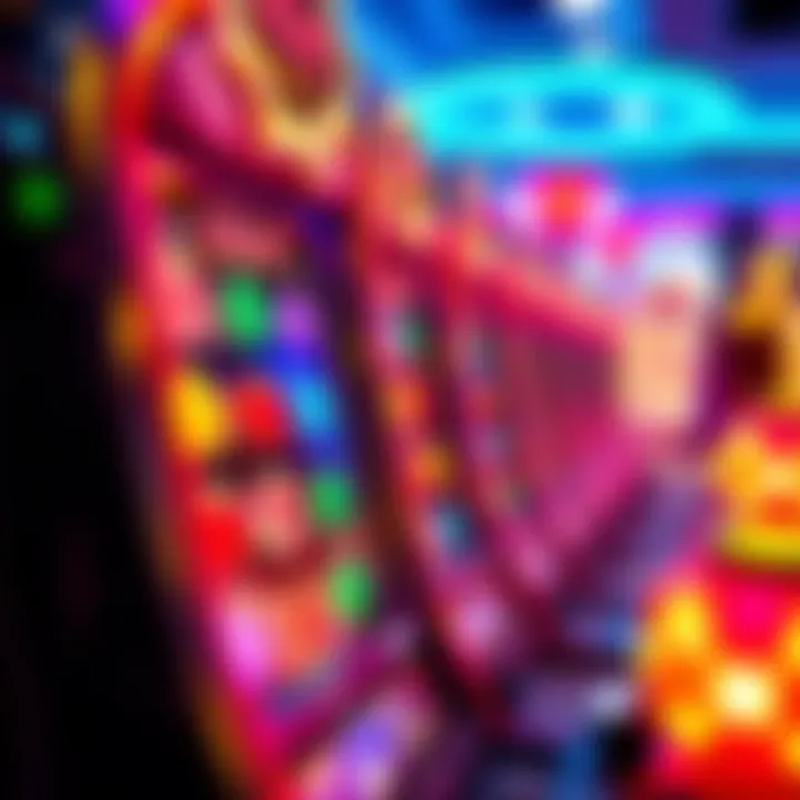 Colorful candy-themed casino slot machine with glowing symbols and vibrant lights