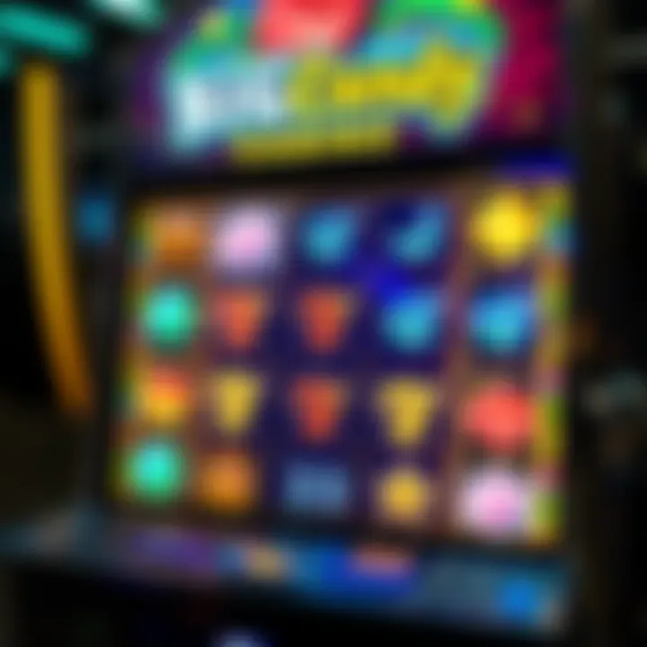 Illustration of a digital slot machine screen with bright symbols and winning lines