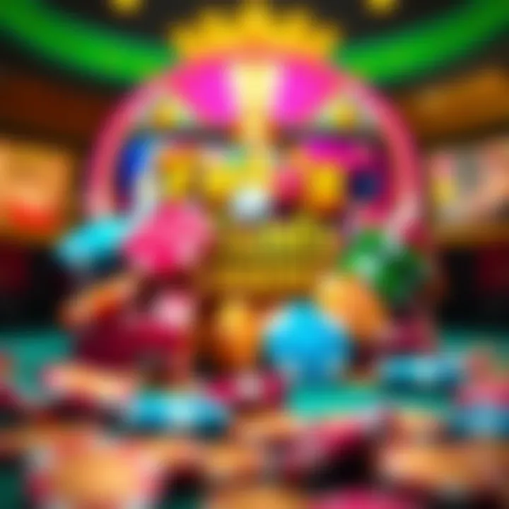 Visual representation of a casino bonus with colorful chips and coins surrounding a digital casino interface