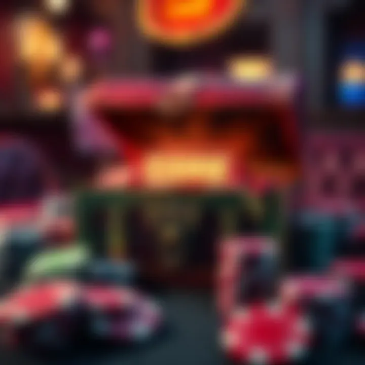 Illustration showing a treasure chest filled with casino chips and a glowing code card symbolizing no deposit bonuses at Big Candy Casino
